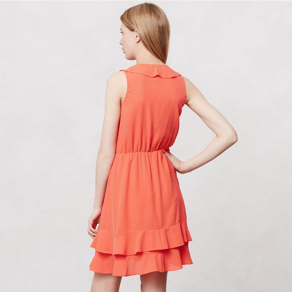 Anthropologie Sachin + Babi Coral/Orange-Red Ruffle Pindot Dress size 6 - Picture 6 of 15